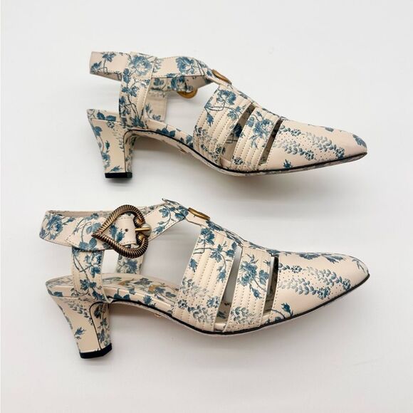 Gucci Gea GG Mid Heel Buds/Floral Blue Leather T-Strap  Sandal Pump EU37.5 US7.5 - Picture 9 of 13